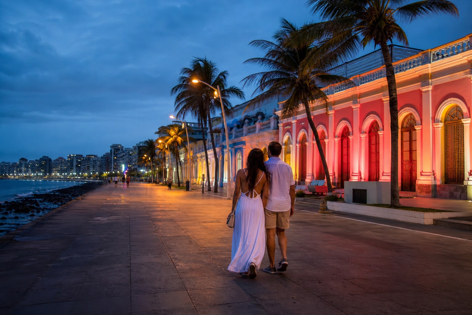 Casal caminhando a noite pela orla cultural da Praia de Iracema