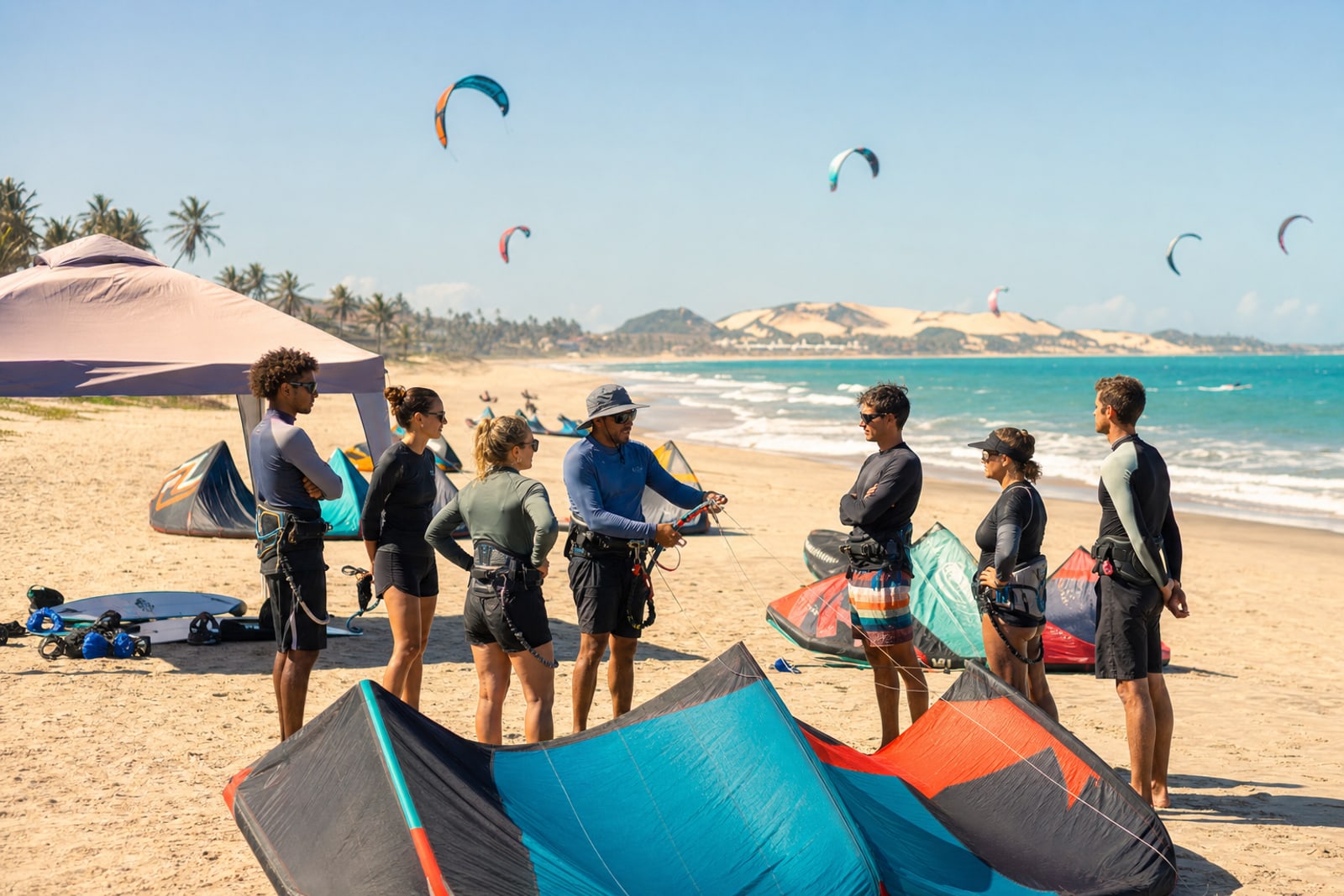 Aula coletiva de kitesurf durante evento na Praia do Cumbuco
