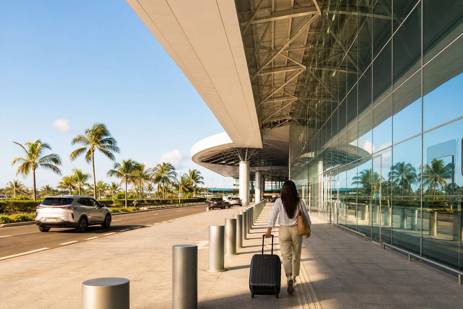 Viajante chegando ao terminal de aeroporto com bagagem