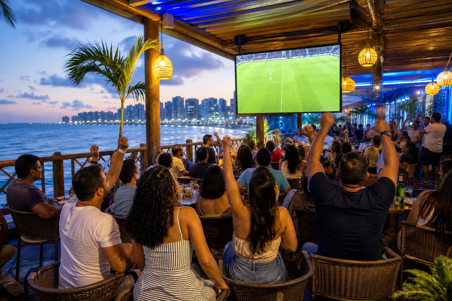 Torcedores acompanhando partida de futebol em bar na orla de Fortaleza