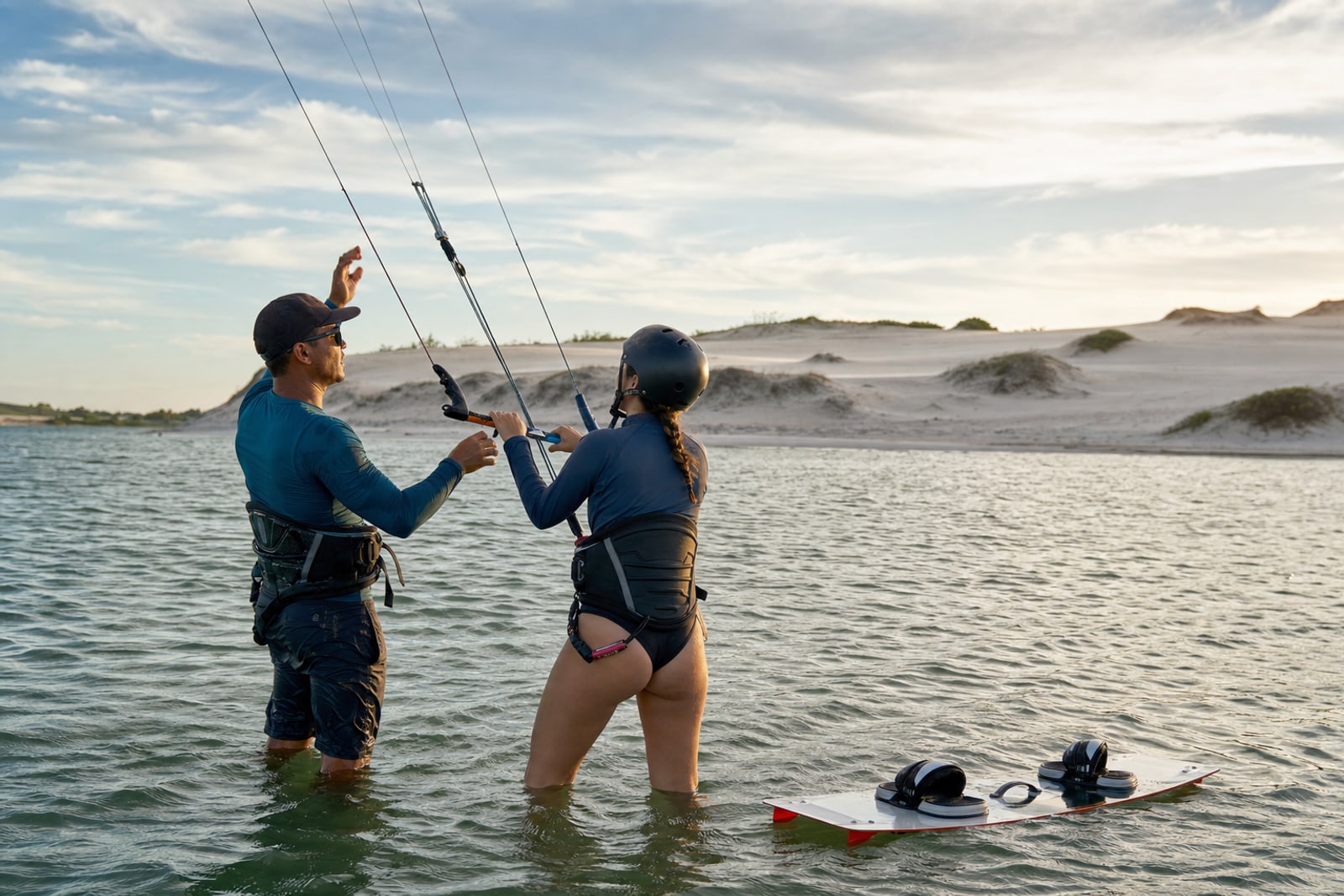 Instrutor orientando aluna de kitesurf em lagoa entre as dunas de Cumbuco