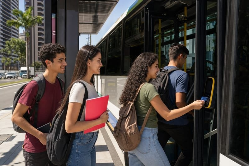 Estudantes embarcando em ônibus urbano de Fortaleza com cartão de transporte